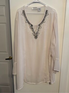 Venezia Cream‎ Tunic with Black Lace-Effect Embroidery